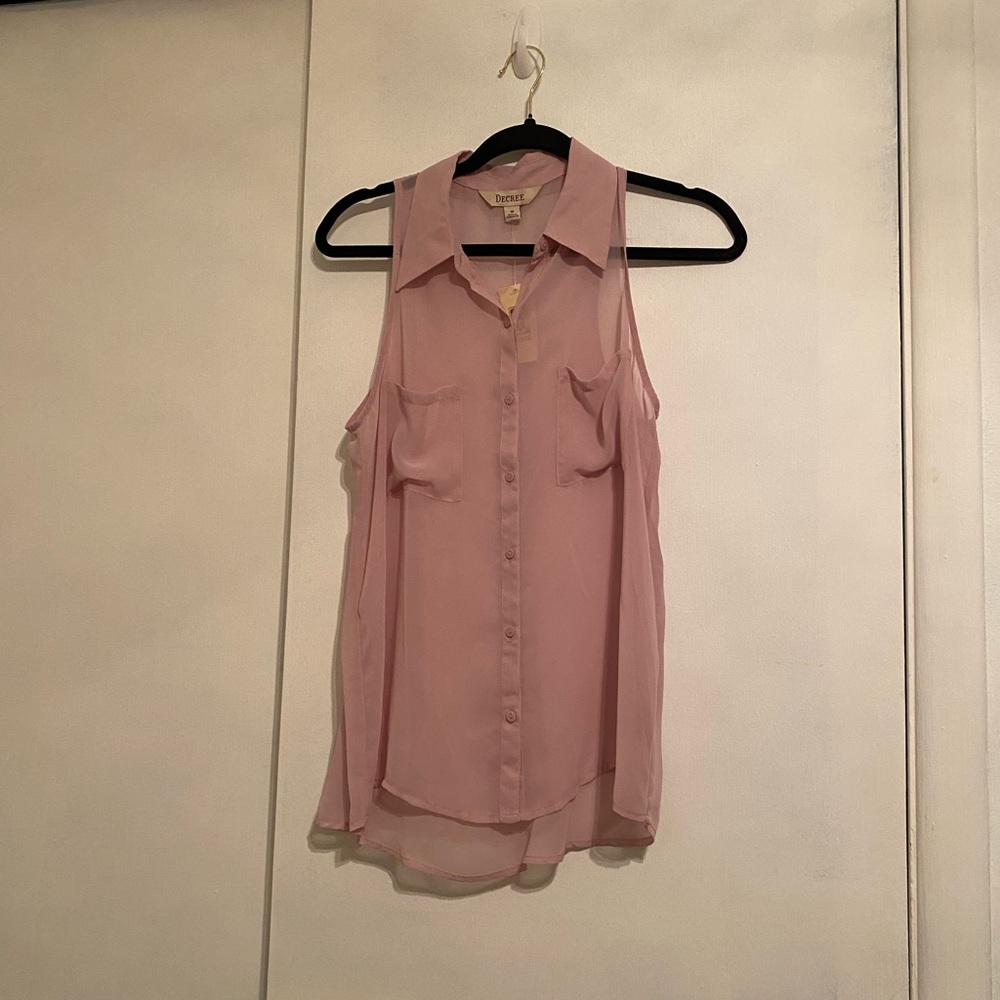 Decree Women’s (M) Light Pink Sleeveless, Collared Chest Pockets Sheer Blouse